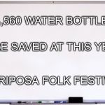 Mariposa Folk Festival and Event Water Solutions saved 14,560 plastic water bottles during the 2017 festival.  | 14,560 WATER BOTTLES; WERE SAVED AT THIS YEAR'S; MARIPOSA FOLK FESTIVAL | image tagged in whiteboard,mariposa,mariposa folk festival,greening,event water solutions,orillia | made w/ Imgflip meme maker