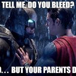 batman v superman | TELL ME, DO YOU BLEED? NO. . .  BUT YOUR PARENTS DID | image tagged in batman v superman | made w/ Imgflip meme maker