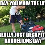 mowing the lawn | THE DAY YOU MOW THE LAWN, IS REALLY JUST DECAPITATE DANDELIONS DAY | image tagged in mowing the lawn | made w/ Imgflip meme maker