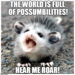 baby possum | THE WORLD IS FULL OF POSSUMBILITIES! HEAR ME ROAR! | image tagged in baby possum | made w/ Imgflip meme maker