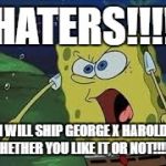 me in a nutshell | HATERS!!!! I WILL SHIP GEORGE X HAROLD WHETHER YOU LIKE IT OR NOT!!!!!!! | image tagged in spongebob screaming | made w/ Imgflip meme maker