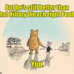 I do hate that I have to keep reminding myself of this. Thank you so much Mr. President. | But he's still better than that Hillary bleach right Pooh? Yup. | image tagged in funny,pooh and piglet,politics,animals,memes,trump | made w/ Imgflip meme maker
