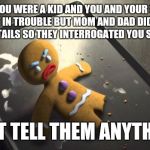 Angry Gingerbread Man | WHEN YOU WERE A KID AND YOU AND YOUR SIBLING BOTH GOT IN TROUBLE BUT MOM AND DAD DIDN'T KNOW ALL THE DETAILS SO THEY INTERROGATED YOU SEPARATELY. DON'T TELL THEM ANYTHING ! | image tagged in angry gingerbread man | made w/ Imgflip meme maker