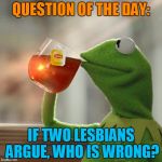 But Thats None Of My Business Meme | QUESTION OF THE DAY: IF TWO LESBIANS ARGUE, WHO IS WRONG? | image tagged in memes,but thats none of my business,kermit the frog | made w/ Imgflip meme maker