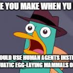 Woah | THE FACE YOU MAKE WHEN YU REALISE; YOU COULD USE HUMAN AGENTS INSTEAD OF SEMI-AQUATIC EGG-LAYING MAMMALS OF ACTION | image tagged in perry amazed | made w/ Imgflip meme maker