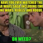 I have ;) | HAVE YOU EVER WATCHED THE STAR WARS SAGA, INCLUDING EWOKS, CLONE WARS, REBELS, AND ROGUE ONE; ON WEED? | image tagged in on weed,memes,half baked,star wars,jon stewart | made w/ Imgflip meme maker