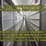 Real Social Responsibility | SO IF I DON'T HAVE INSURANCE I GET HIT WITH A SOCIAL RESPONSIBILITY TAX; HOW ABOUT A SOCIAL RESPONSIBILITY TAX FOR THE MORONS BANGING EACH OTHER AND THE  KID TURNS INTO A THUG BECAUSE THEY CAN'T BE BOTHERED TO RAISE IT PROPERLY? | image tagged in price to society,costly thugs | made w/ Imgflip meme maker