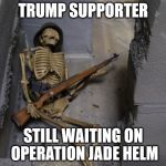 the illuminati actually renamed it to operation sapphire codpiece after they caught on | TRUMP SUPPORTER; STILL WAITING ON OPERATION JADE HELM | image tagged in trump prepper,conspiracy,full retard,fascism,alex jones,nsfw | made w/ Imgflip meme maker