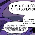 sassy nightmare rarity | I'M THE QUEEN OF SAS, PERIOD!!! NOT DAYBREAKER, SHE COULDN'T EVEN BE SCARY IN THAT EPISODE. | image tagged in sassy nightmare rarity | made w/ Imgflip meme maker