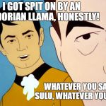 Mysterious alien stain | I GOT SPIT ON BY AN ANDORIAN LLAMA, HONESTLY! WHATEVER YOU SAY, SULU, WHATEVER YOU SAY | image tagged in uhura star trek,star trek,sulu,star trek sulu,memes,nsfw | made w/ Imgflip meme maker