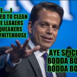 Scaramucci | AYE.......I WAS HIRED TO CLEAN OUT THE LEAKERS AND SQUEAKERS IN THE WHITEHOUSE; AYE SPICER; BODDA BOOK, BODDA BOOM | image tagged in scaramucci,trump,corruption,leaks,white house,sean spicer | made w/ Imgflip meme maker