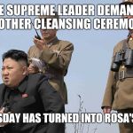 North Korea  | THE SUPREME LEADER DEMANDS ANOTHER CLEANSING CEREMONY; TACO TUESDAY HAS TURNED INTO ROSA'S REVENGE | image tagged in north korea | made w/ Imgflip meme maker