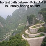 Tianmen Mountain Road, Hunan, China | The shortest path between Point A & Point B; Is usually boring as sh*t. | image tagged in tianmen mountain road hunan china | made w/ Imgflip meme maker