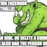 My Page, My Rules  | ATTENTION FACEBOOK TROLLS! I CAN HIDE, OR DELETE A COMMENT. I CAN ALSO BAN THE PERSON OR PAGE. | image tagged in no facebook trolls,my page,my rules,troll be gone | made w/ Imgflip meme maker