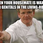You're getting too comfy, girl! | WHEN YOUR HOUSEMATE IS WAXING HER GENITALS IN THE LIVING-ROOM | image tagged in gordon ramsay get out,genitals,roommates,body waxing | made w/ Imgflip meme maker