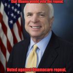 John McCain | Profile in Courage:  Voted for Obamacare Repeal when he knew that Obama would veto the repeal. Voted against Obamacare repeal, now that there is a president who would actually sign the repeal into law. | image tagged in john mccain | made w/ Imgflip meme maker