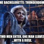 Finally Worth Watching! | THE BACHELORETTE: THUNDERDOME; ...WITH A ROSE. TWO MEN ENTER, ONE MAN LEAVES | image tagged in tina turner - thunderdome,bachelorette,thunderdome,rose,bachelor | made w/ Imgflip meme maker
