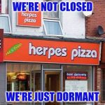 The owner was in jail... then he... broke out | WE'RE NOT CLOSED; WE'RE JUST DORMANT | image tagged in herpes pizza | made w/ Imgflip meme maker
