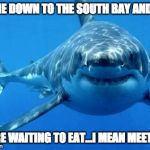 sharks | COME DOWN TO THE SOUTH BAY AND OC! WE'RE WAITING TO EAT...I MEAN MEET YOU | image tagged in sharks | made w/ Imgflip meme maker