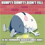 Humpty Dumpty | HUMPTY DUMPTY DIDN'T FALL; HE WAS ROUNDHOUSE KICKED BY CHUCK NORRIS | image tagged in fallen humpty dumpty,chuck norris | made w/ Imgflip meme maker