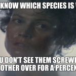 Screw Each Other For Percentage. | I DON'T KNOW WHICH SPECIES IS WORSE. YOU DON'T SEE THEM SCREWING EACH OTHER OVER FOR A PERCENTAGE. | image tagged in screw each other for percentage | made w/ Imgflip meme maker