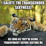 And what about their parent(s), are they too trans? | I SALUTE THE TRANSGENDER SEXYNESS! AS LONG AS THEY'RE BEING TRANSPARENT BEFORE SEXTING ME | image tagged in confession tiger,memes,funny,animals,tiger week,battle of the sexes | made w/ Imgflip meme maker