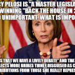 Nancy Pelosi "We need to pass the ACA to find out what's in it" | NANCY PELOSI IS "A MASTER LEGISLATOR" BUT WINNING "BACK THE HOUSE IN 2018" IS "SO UNIMPORTANT. WHAT IS IMPORTANT; IS THAT WE HAVE A LIVELY DEBATE" AND THAT SHE COLLECTS MORE BRIBES THINLY DISGUISED AS CAMPAIGN CONTRIBUTIONS FROM THOSE SHE REALLY REPRESENTS! | image tagged in nancy pelosi we need to pass the aca to find out what's in it | made w/ Imgflip meme maker