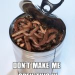 DON'T MAKE ME OPEN THIS | OPEN  THIS !!! DON'T  MAKE  ME | image tagged in can 'o' worms,dont make me,past mistakes,remind you,open a can of worms | made w/ Imgflip meme maker