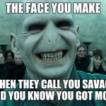 Voldermort funny | THE FACE YOU MAKE; WHEN THEY CALL YOU SAVAGE AND YOU KNOW YOU GOT MORE | image tagged in voldermort funny | made w/ Imgflip meme maker