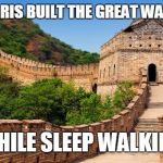 Chuck Norris Great Wall | CHUCK NORRIS BUILT THE GREAT WALL OF CHINA; WHILE SLEEP WALKING | image tagged in great wall of china,chuck norris,memes | made w/ Imgflip meme maker