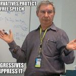 simple explanation professor | CONSERVATIVES PROTECT FREE SPEECH; PROGRESSIVES SURPPRESS IT. | image tagged in simple explanation professor | made w/ Imgflip meme maker