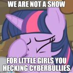 Anti-Cyberbullying | WE ARE NOT A SHOW; FOR LITTLE GIRLS YOU HECKING CYBERBULLIES. | image tagged in mlp twilight sparkle facehoof | made w/ Imgflip meme maker