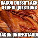 Be like bacon. | BACON DOESN'T ASK STUPID QUESTIONS; BACON UNDERSTANDS | image tagged in plate of bacon,iwanttobebacon,iwanttobebaconcom | made w/ Imgflip meme maker