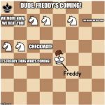 Chess Looser: Part 1 | DUDE, FREDDY'S COMING! WE MOVE NOW, WE BEAT YOU! YOU REALIZE WE BET YOU? CHECKMATE; IT'S FREDDY THUG WHO'S COMING! | image tagged in chess five knights at freddy's checkmate,scumbag | made w/ Imgflip meme maker