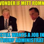 He may still get one... :) | I WONDER IF MITT ROMNEY; STILL WANTS A JOB IN THE TRUMP ADMINISTRATION? | image tagged in trump,memes,mitt romney,politics | made w/ Imgflip meme maker