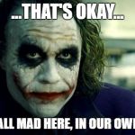 joker | ...THAT'S OKAY... ...WE'RE ALL MAD HERE, IN OUR OWN WAYS... | image tagged in joker | made w/ Imgflip meme maker