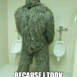 Bigfoot | I WONDER IF THEY ARE SHY; BECAUSE I TOOK THE MIDDLE URINAL | image tagged in bigfoot | made w/ Imgflip meme maker