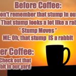 Good Morning | Before Coffee:; ME: I don't remember that stump in our yard; ME: That stump looks a lot like a rabbit; * Stump Moves *; ME: Oh, that stump 
IS a rabbit; After Coffee:; ME: Check out that rabbit in our yard | image tagged in coffee,before and after | made w/ Imgflip meme maker