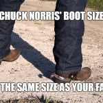 Chuck Norris cowboy boots | CHUCK NORRIS' BOOT SIZE; IS THE SAME SIZE AS YOUR FACE | image tagged in cowboy boots,chuck norris,memes | made w/ Imgflip meme maker