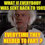 DeLorians!  DeLorians Everywhere! | WHAT IF EVERYBODY WAS SENT BACK TO 1985; EVERYTIME THEY NEEDED TO FART ? | image tagged in memes,back to the future,funny,fart jokes | made w/ Imgflip meme maker