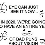 People will be making a spectacle of themselves...  | EYE CAN JUST SEE IT NOW... IN 2020, WE'RE GOING TO HAVE AN ENTIRE YEAR; OF BAD PUNS ABOUT VISION | image tagged in white,eyes,2020 vision,puns | made w/ Imgflip meme maker