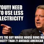 al gore troll | YOU!!! NEED TO USE LESS ELECTRICITY; SAYS THE GUY WHOSE HOUSE RUNS MORE ELECTRICITY THAN 21 AVERAGE AMERICAN HOMES | image tagged in al gore troll | made w/ Imgflip meme maker