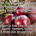 North Korean vengeance! | North Korea vows a thousand fold revenge in retaliation for U.N sanctions against them; BEETS! They export a few tons of over-priced beets- farmers, better keep a sharp eye on your beet fields | image tagged in beets,korean sanctions | made w/ Imgflip meme maker