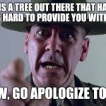 You should apologize | THERE IS A TREE OUT THERE THAT HAS BEEN WORKING HARD TO PROVIDE YOU WITH OXYGEN ! NOW, GO APOLOGIZE TO IT ! | image tagged in memes,apology,drill instructor,trees | made w/ Imgflip meme maker