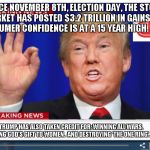 Trump News  | SINCE NOVEMBER 8TH, ELECTION DAY, THE STOCK MARKET HAS POSTED $3.2 TRILLION IN GAINS AND CONSUMER CONFIDENCE IS AT A 15 YEAR HIGH. JOBS! TRUMP HAS ALSO TAKEN CREDIT FOR: WINNING ALL WARS. BEING GOD'S GIFT TO WOMEN.  AND DESTROYING 'THE ONE RING'. | image tagged in trump news | made w/ Imgflip meme maker