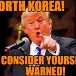 Trump has promised retaliation and power such as the world has never seen if NK threatens the US again! | NORTH KOREA! CONSIDER YOURSELF WARNED! | image tagged in trump point | made w/ Imgflip meme maker