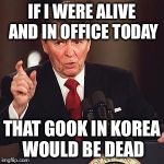 Reagan on Kim Jong Un | IF I WERE ALIVE AND IN OFFICE TODAY; THAT GOOK IN KOREA WOULD BE DEAD | image tagged in angry reagan,kim jong un,north korea | made w/ Imgflip meme maker