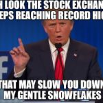 Find a safe space | OH LOOK THE STOCK EXCHANGE KEEPS REACHING RECORD HIGHS; THAT MAY SLOW YOU DOWN MY GENTLE SNOWFLAKES | image tagged in trump,safety first,memes to meme,a meme story,meming in the key of m | made w/ Imgflip meme maker