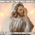 Jesus Facepalm | WHAT PART OF "THOU SHALT NOW KILL"; ARE WE HAVING A PROBLEM UNDERSTANDING? | image tagged in jesus facepalm | made w/ Imgflip meme maker