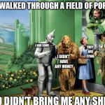 Emerald City Door | YOU WALKED THROUGH A FIELD OF POPPIES; I FORGOT; THEY ARE LYING; I HAD SOME; I DIDN'T HAVE ANY MONEY; AND DIDN'T BRING ME ANY SHIT? | image tagged in emerald city door | made w/ Imgflip meme maker